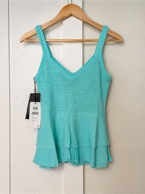 Chaser Aqua Linen Blend Tiered Ruffle Tank Top Size Small NWT